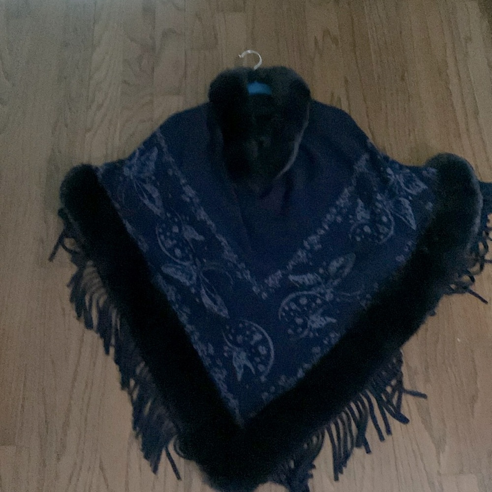 Like New Navy Poncho with Faux Fur Trim